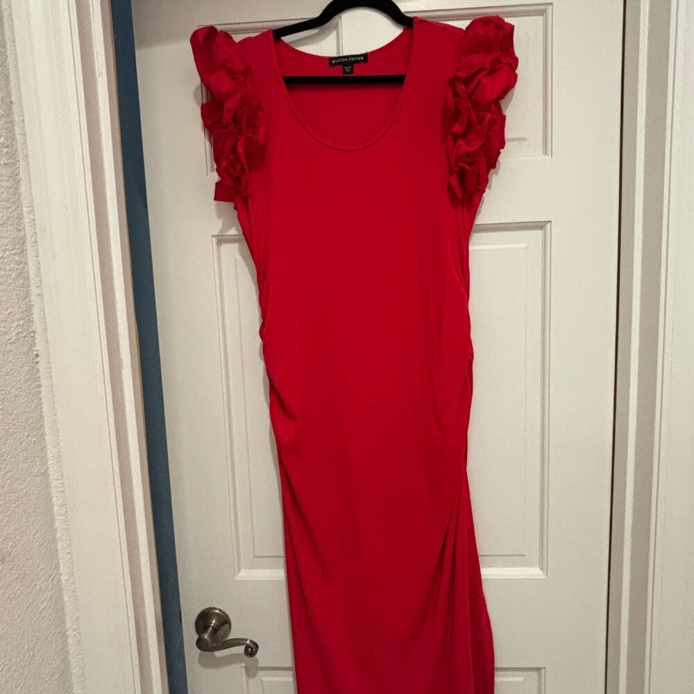 Boston Proper | Ruffle Sleeve | Knit, Ribbed, Ruched, Red Maxi | XL - Picture 7 of 7